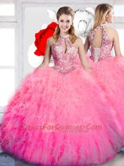 Unique Halter Top Sleeveless Floor Length Beading and Ruffles Lace Up Sweet 16 Dresses with Hot Pink