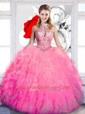 Unique Halter Top Sleeveless Floor Length Beading and Ruffles Lace Up Sweet 16 Dresses with Hot Pink