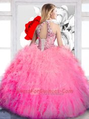 Unique Halter Top Sleeveless Floor Length Beading and Ruffles Lace Up Sweet 16 Dresses with Hot Pink