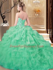 Fashion Apple Green Sleeveless Brush Train Embroidery and Ruffles Quince Ball Gowns