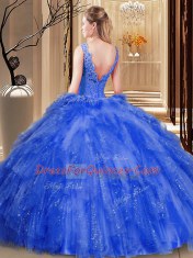 Backless V-neck Sleeveless 15th Birthday Dress Floor Length Appliques and Ruffles and Sequins Lavender Tulle and Sequined