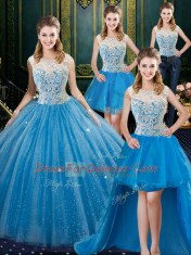 Flirting Four Piece Baby Blue Ball Gowns Tulle High-neck Sleeveless Lace Floor Length Zipper Sweet 16 Dresses Brush Train