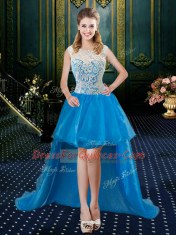 Flirting Four Piece Baby Blue Ball Gowns Tulle High-neck Sleeveless Lace Floor Length Zipper Sweet 16 Dresses Brush Train