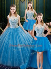 Flirting Four Piece Baby Blue Ball Gowns Tulle High-neck Sleeveless Lace Floor Length Zipper Sweet 16 Dresses Brush Train