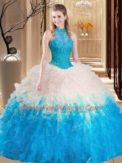 Fitting Multi-color High-neck Backless Lace and Appliques and Ruffles Sweet 16 Quinceanera Dress Sleeveless
