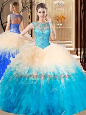 Backless Tulle Sleeveless Floor Length Sweet 16 Dresses and Beading and Ruffles