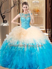 Backless Tulle Sleeveless Floor Length Sweet 16 Dresses and Beading and Ruffles