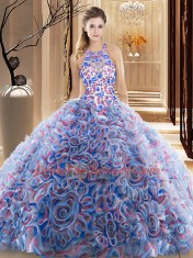 Stunning Brush Train Ball Gowns Quinceanera Gown Multi-color High-neck Fabric With Rolling Flowers Sleeveless Criss Cross