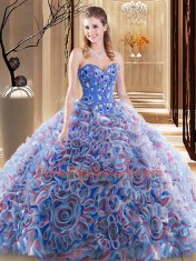 Sweetheart Sleeveless Quinceanera Gown With Brush Train Embroidery and Ruffles Multi-color Fabric With Rolling Flowers