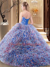 Sweetheart Sleeveless Quinceanera Gown With Brush Train Embroidery and Ruffles Multi-color Fabric With Rolling Flowers