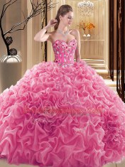 Flare Rose Pink Sweetheart Lace Up Embroidery and Ruffles and Pick Ups 15 Quinceanera Dress Sleeveless