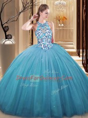 Pretty High-neck Sleeveless Tulle Sweet 16 Dresses Lace and Appliques Lace Up
