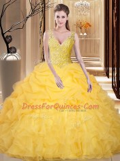 Gold Vestidos de Quinceanera Military Ball and Sweet 16 and Quinceanera and For with Lace and Appliques and Ruffles and Pick Ups V-neck Sleeveless Backless