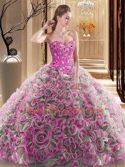 On Sale Sleeveless With Train Embroidery and Ruffles Lace Up 15th Birthday Dress with Multi-color Brush Train