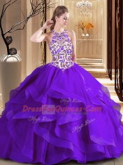 Scoop Lace Up Sweet 16 Dresses Purple for Military Ball and Sweet 16 and Quinceanera with Embroidery Brush Train