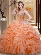 Fantastic Orange Sweetheart Neckline Beading and Ruffles and Pick Ups Quinceanera Dresses Sleeveless Lace Up