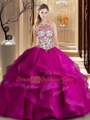Fuchsia Quinceanera Dresses Scoop Sleeveless Brush Train Zipper