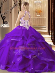 Fuchsia Quinceanera Dresses Scoop Sleeveless Brush Train Zipper