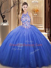 Tulle V-neck Sleeveless Lace Up Lace and Appliques Sweet 16 Dress in Blue