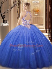 Tulle V-neck Sleeveless Lace Up Lace and Appliques Sweet 16 Dress in Blue