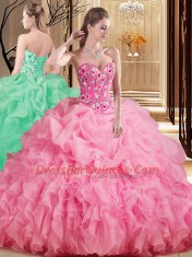 Hot Sale Sleeveless Organza Brush Train Lace Up 15th Birthday Dress in Rose Pink with Embroidery and Ruffles and Pick Ups