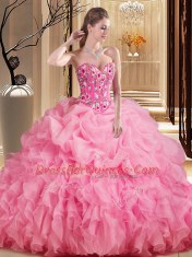 Hot Sale Sleeveless Organza Brush Train Lace Up 15th Birthday Dress in Rose Pink with Embroidery and Ruffles and Pick Ups