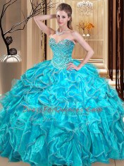 Super Aqua Blue Organza Lace Up Ball Gown Prom Dress Sleeveless Floor Length Beading and Ruffles