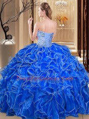 Super Aqua Blue Organza Lace Up Ball Gown Prom Dress Sleeveless Floor Length Beading and Ruffles