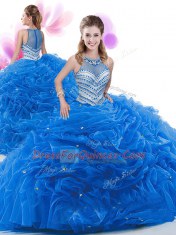 Modern Four Piece High-neck Sleeveless Ball Gown Prom Dress Floor Length Beading and Pick Ups Royal Blue Organza