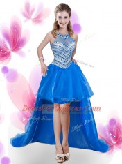 Modern Four Piece High-neck Sleeveless Ball Gown Prom Dress Floor Length Beading and Pick Ups Royal Blue Organza