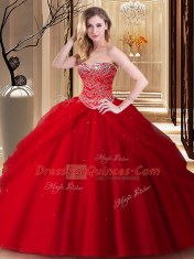 Superior Red Tulle Lace Up Sweetheart Sleeveless Floor Length Sweet 16 Quinceanera Dress Beading