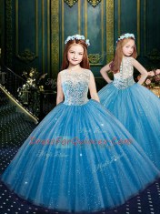 High-neck Sleeveless Quinceanera Dresses Floor Length Lace Baby Blue Tulle