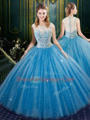 High-neck Sleeveless Quinceanera Dresses Floor Length Lace Baby Blue Tulle