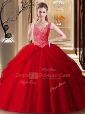 Pick Ups Ball Gowns 15th Birthday Dress Red V-neck Tulle Sleeveless Floor Length Backless