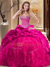 Hot Pink Taffeta and Tulle Lace Up Sweetheart Sleeveless Ball Gown Prom Dress Brush Train Beading and Ruffles