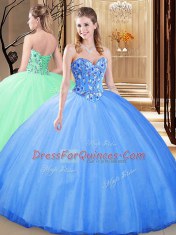 Fashionable Sleeveless Floor Length Embroidery Lace Up Ball Gown Prom Dress with Blue