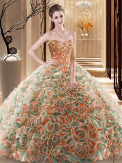 Multi-color Ball Gowns Embroidery and Ruffles Vestidos de Quinceanera Lace Up Fabric With Rolling Flowers Sleeveless With Train