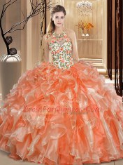 Charming Orange Ball Gowns Scoop Sleeveless Organza Floor Length Backless Embroidery and Ruffles Sweet 16 Dress
