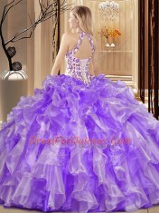 Charming Orange Ball Gowns Scoop Sleeveless Organza Floor Length Backless Embroidery and Ruffles Sweet 16 Dress