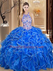 Royal Blue Scoop Neckline Embroidery and Ruffles Sweet 16 Dress Sleeveless Backless