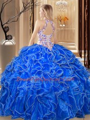Royal Blue Scoop Neckline Embroidery and Ruffles Sweet 16 Dress Sleeveless Backless