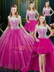 Cheap Four Piece Floor Length Zipper Quinceanera Gown Fuchsia for Military Ball and Sweet 16 and Quinceanera with Lace