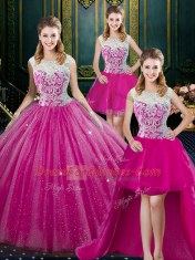 Cheap Four Piece Floor Length Zipper Quinceanera Gown Fuchsia for Military Ball and Sweet 16 and Quinceanera with Lace