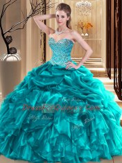 Decent Pick Ups Teal Sleeveless Organza Lace Up Quinceanera Dresses for Military Ball and Sweet 16 and Quinceanera