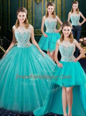 Hot Selling Four Piece Ball Gowns Sweet 16 Quinceanera Dress Aqua Blue High-neck Tulle Sleeveless Floor Length Zipper