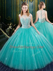 Hot Selling Four Piece Ball Gowns Sweet 16 Quinceanera Dress Aqua Blue High-neck Tulle Sleeveless Floor Length Zipper