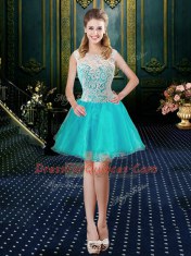 Hot Selling Four Piece Ball Gowns Sweet 16 Quinceanera Dress Aqua Blue High-neck Tulle Sleeveless Floor Length Zipper