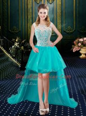 Hot Selling Four Piece Ball Gowns Sweet 16 Quinceanera Dress Aqua Blue High-neck Tulle Sleeveless Floor Length Zipper