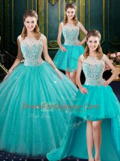 Hot Selling Four Piece Ball Gowns Sweet 16 Quinceanera Dress Aqua Blue High-neck Tulle Sleeveless Floor Length Zipper