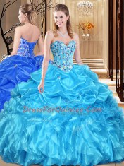Aqua Blue Sleeveless Organza Lace Up Quinceanera Gowns for Military Ball and Sweet 16 and Quinceanera
